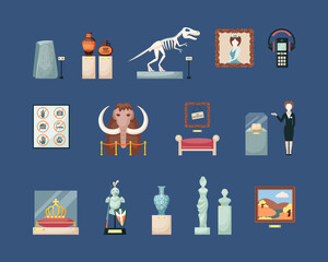 Museum historical large set. Guide with an ancient book antique roman statues stuffed mammoth ancient golden crown painting by medieval artists armor weapons of knights. Cognitive flat vector.