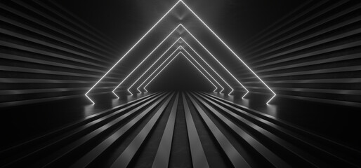 Dark corridor with white neon lights on a black background. 3d rendering image.