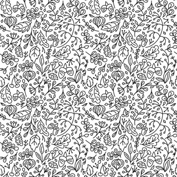 Black and white seamless pattern with berries, twigs and leaves of different plants for the autumn season.