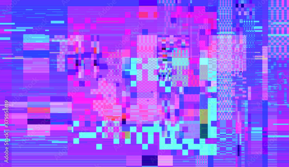 Poster Glitch datamoshing camera effect. Retro VHS background like in old video tape rewind or no signal TV screen. Vaporwave and retrowave style vector illustration.