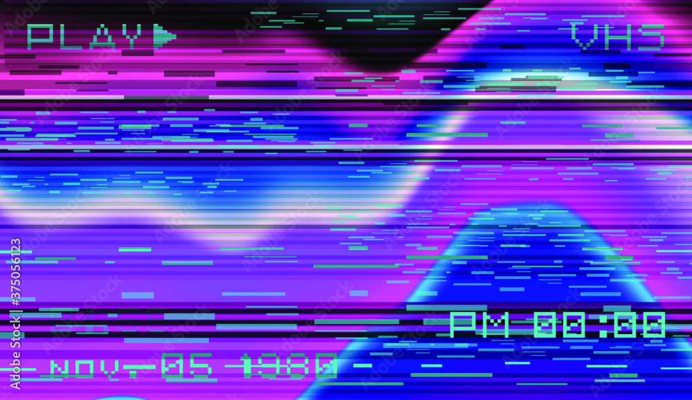 Poster Glitch datamoshing camera effect. Retro VHS background like in old video tape rewind or no signal TV screen. Vaporwave and retrowave style vector illustration.
