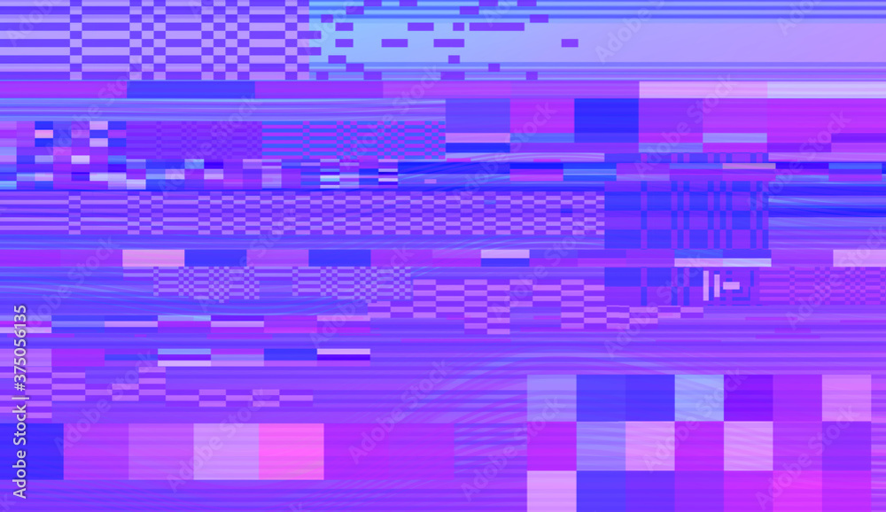 Poster Glitch datamoshing camera effect. Retro VHS background like in old video tape rewind or no signal TV screen. Vaporwave and retrowave style vector illustration.