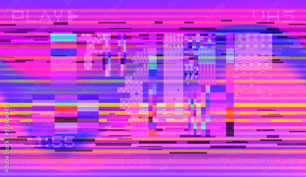 Poster Glitch datamoshing camera effect. Retro VHS background like in old video tape rewind or no signal TV screen. Vaporwave and retrowave style vector illustration.
