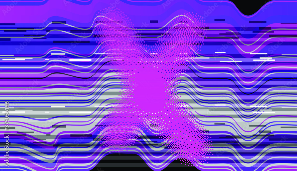 Poster Glitch datamoshing camera effect. Retro VHS background like in old video tape rewind or no signal TV screen. Vaporwave and retrowave style vector illustration.
