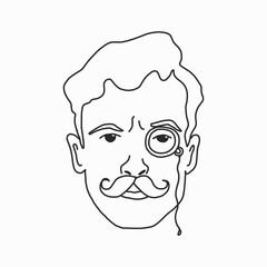 Sketch of a learned man with a mustache and a pince-nez. vector illustration in retro style. Black and white image. for logos, icons, and avatars in social networks.