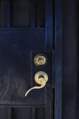 Gold-plated metal door handle on a black iron door with a grille. Door handle with lock on closed door.