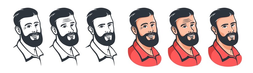 Smiling Bearded Man face set in vintage style. Male head with beard and stylish hairstyle retro avatar. Cartoon vector illustration.