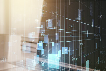 Abstract creative analytics data spreadsheet on modern computer background, analytics and analysis concept. Multiexposure
