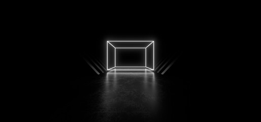 Dark hall with bright white neon lights on a black background. 3d rendering image.