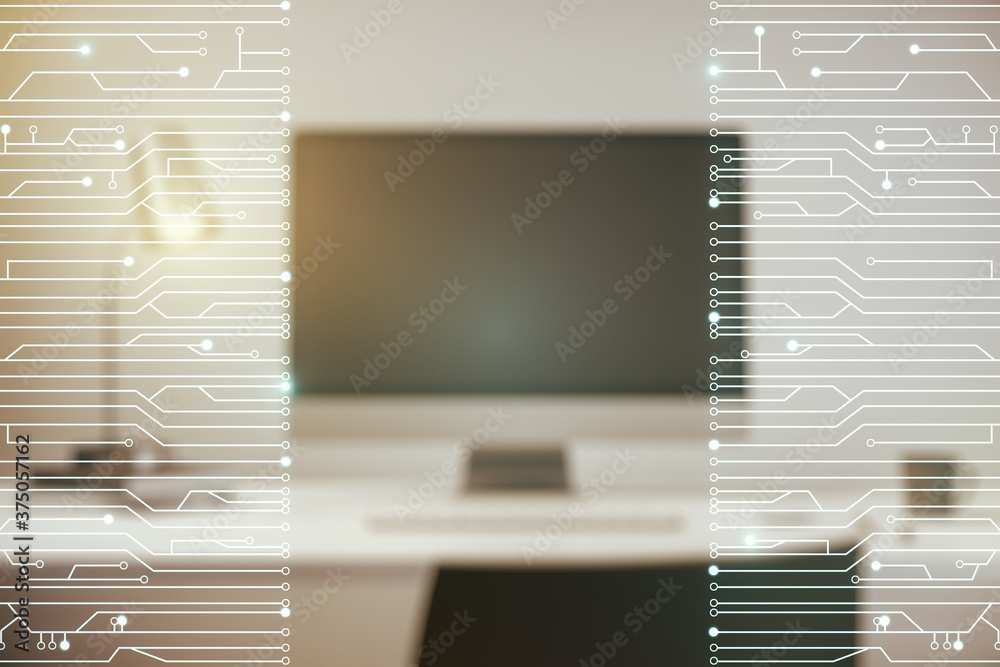 Poster creative abstract micro circuit sketch on modern laptop background, future technology and ai concept