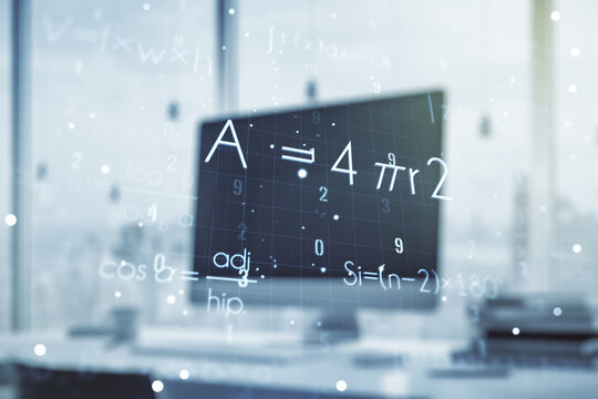 Creative scientific formula illustration on modern computer background, science and research concept. Multiexposure