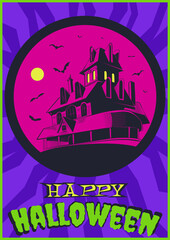 Happy Halloween Poster, Postcard, Cover Template, Old Haunted Mansion, Bats, Full Moon