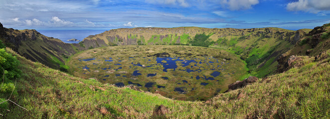 Crater of Rano Kau volcano in Rapa Nui, Easter Island, Chile