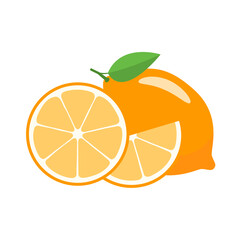Lemon and sliced pieces on a white plate. Ripe and fresh fruit. Lemon icon and logo.