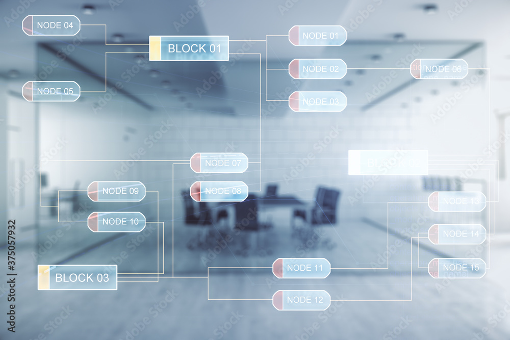 Poster multi exposure of abstract graphic coding sketch on a modern furnished classroom background, big dat