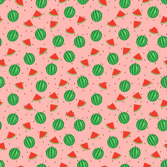 Seamless pattern of ripe watermelon with red juicy slices. This fruit design for your business projects. Perfect for fabrics and decor. Beautiful vector background.