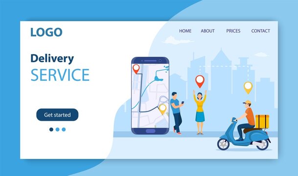online delivery service concept. men order food via smartphone. delivery home and office. scooter courier. Landing page, template, mobile app, poster, banner. Vector illustration in flat style