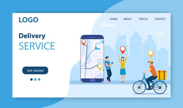 online delivery service concept. men order food via smartphone. delivery home and office. bicycle courier. Landing page, template, mobile app, poster, banner. Vector illustration in flat style