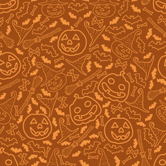 Halloween Pattern with pumpkins, bones, hats and bats. Seamless Halloween Pattern. Halloween holiday seamless pattern background.