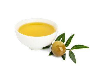 Bowl of olive oil on white background