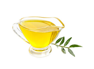 Gravy-boat of olive oil on white background