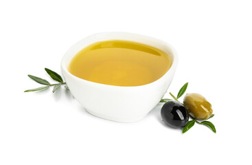 Bowl of olive oil on white background