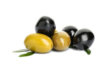 Tasty canned olives on white background