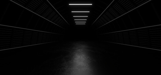 Fototapeta na wymiar Dark hall with bright white neon lights on a black background. 3d rendering image.