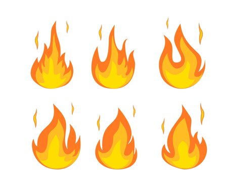 Cartoon fire flames set. Ignition light effect, flaming symbols. Hot flame energy, effect fire animation. Bonfire, motion footage. Vector illustration in flat style