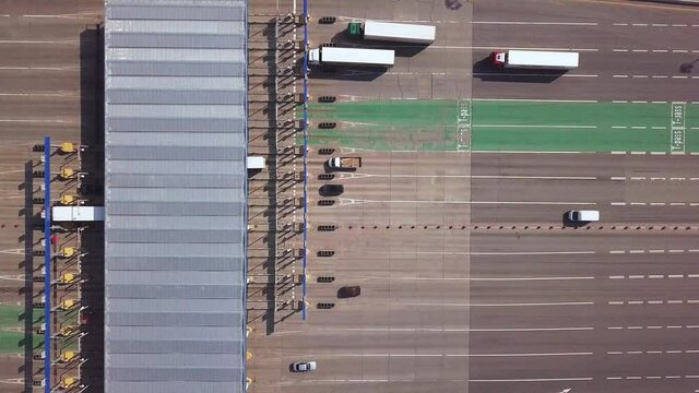 RUSSIA Rostov-on-Don m4 Highway. 03 2020. Aerial view of highway with Cars at modern toll road turnpike, entry fee pay gate