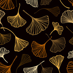 Ginkgo leaves seamless pattern on a dark background.