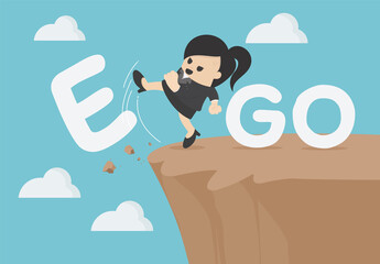Business concept cartoon  businesswoman is an egoist with word ego kicked off the cliff