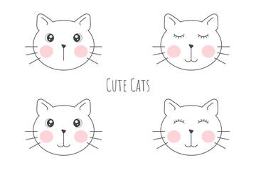 Cute cartoon cats set vector illustration. 