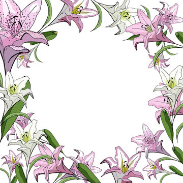 Floral square card with stylized lilies on a white background.