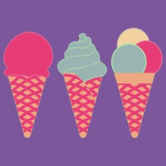 Ice cream cones with ice cream on purple background