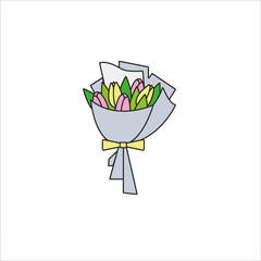 Tulip flower stylish bouquet wrapped in paper - flat color line icon on isolated white background.