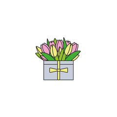 Tulips in a box - flat color line icon on isolated white background. Bunch of spring flowers in a container - colorful simple vector illustration in linear design.