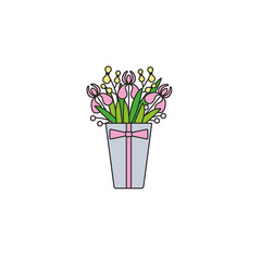 Iris flowers in a box - flat color line icon on isolated white background. Bunch of flowers in a container - vector illustration in simple linear design.