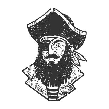 Cartoon pirate sketch engraving vector illustration. T-shirt apparel print design. Scratch board imitation. Black and white hand drawn image.