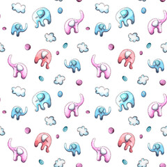 watercolor illustration, seamless pattern for children's textiles, Wallpaper. toy blue and pink elephants. isolated on a white background.