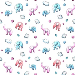 Naadloos Fotobehang Airtex Eenhoorns watercolor illustration, seamless pattern for children's textiles, Wallpaper. toy blue and pink elephants. isolated on a white background.