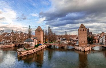 The Ponts Couverts, a set of 3 bridges and 4 towers that make up a defensive work erected in the 13th century on the River Ill in Strasbourg, France.