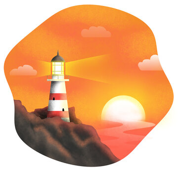 LightHouse 2D Illustration, Picture of lighthouse at sunset, beautiful landscape 