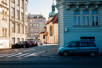 Colorful European city street in Prague, Czech Republic