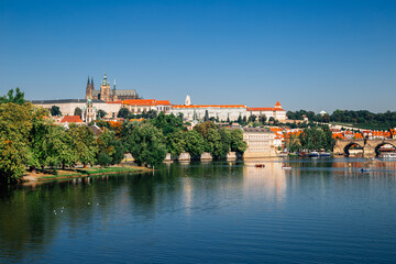 Naklejka premium Prague castle district with Vltava river in Prague, Czech Republic