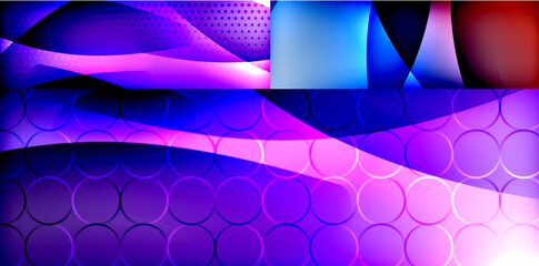 Shiny flowing neon waves abstract background set