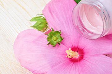 Obraz na płótnie Canvas pink hibiscus flower and a jar of cream on a white wooden background. beauty products