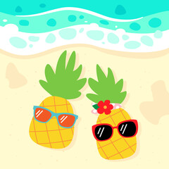 cute pineapples relaxing on the beach vector