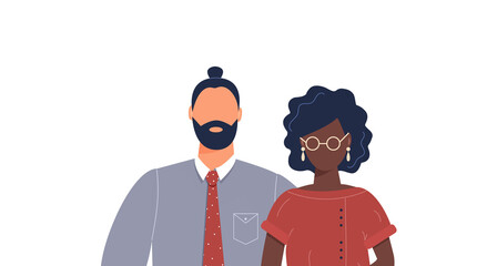 Happy cute family portrait of african-american people parents: father and mother isolated on white background. Family of two members:husband and wife. Modern flat cartoon raster illustration