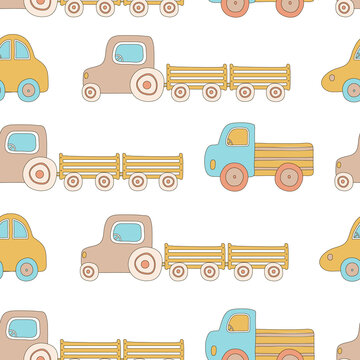 Vector seamless pattern with cars. Simple hand drawn print for  surface design